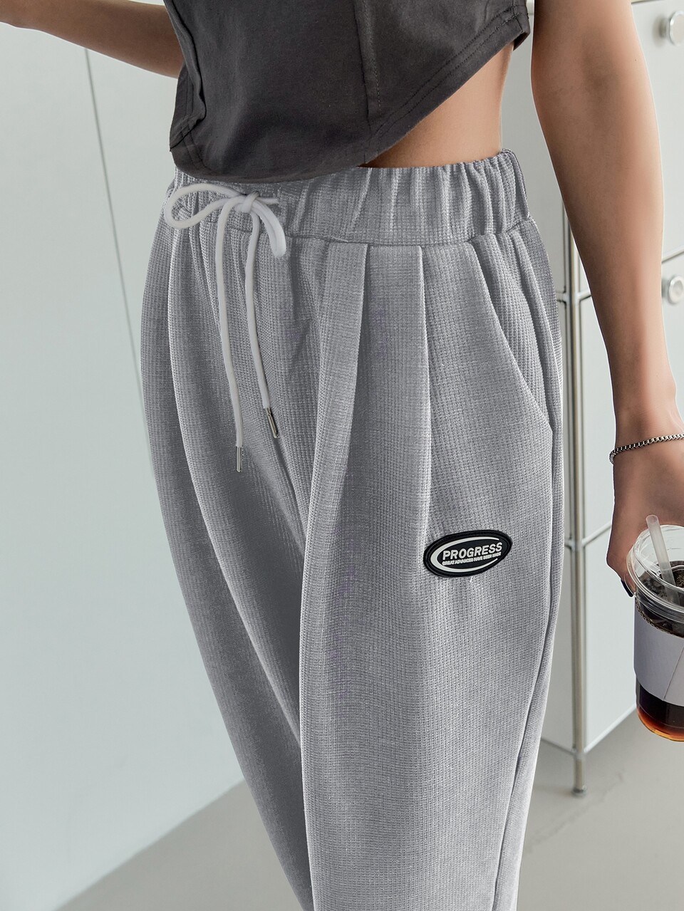 Letter Patch Drawstring Wide Leg Sweatpants,Women Joggers