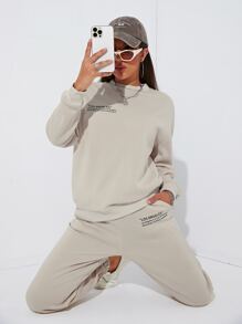 SHEIN EZwear Pantalones deportivos con pullover con estampado de slogan de hombros caídos - Albaricoque - Ver 1