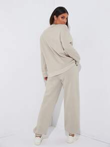 SHEIN EZwear Pantalones deportivos con pullover con estampado de slogan de hombros caídos - Albaricoque - Ver 2