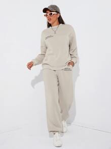 SHEIN EZwear Pantalones deportivos con pullover con estampado de slogan de hombros caídos - Albaricoque - Ver 4