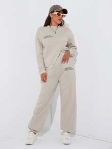 SHEIN EZwear Pantalones deportivos con pullover con estampado de slogan de hombros caídos - Albaricoque - Ver 5