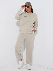 SHEIN EZwear Pantalones deportivos con pullover con estampado de slogan de hombros caídos - Albaricoque - Ver 6