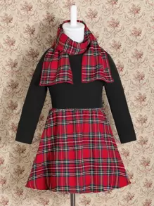 小女童格子呢圖案連衣裙和外套和圍巾 - 彩色 - 查看 4