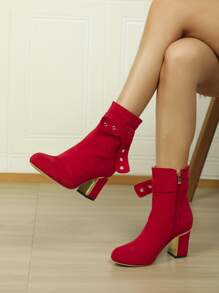 Faux Suede Knot Decor Side Zipper Chunky Boots - Red - View 1