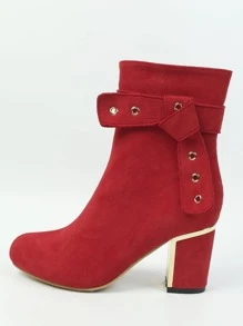 Faux Suede Knot Decor Side Zipper Chunky Boots - Red - View 2
