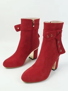 Faux Suede Knot Decor Side Zipper Chunky Boots - Red - View 3