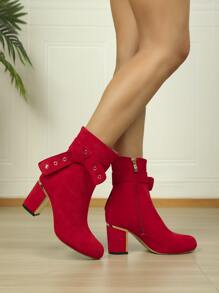 Faux Suede Knot Decor Side Zipper Chunky Boots - Red - View 4