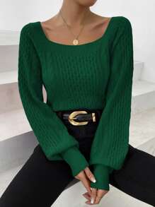 SHEIN Privé Cable Knit Scoop Neck Lantern Sleeve Jumper - Green - View 1
