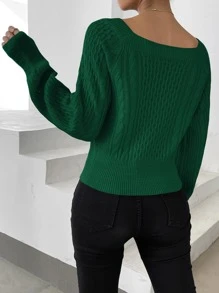 SHEIN Privé Cable Knit Scoop Neck Lantern Sleeve Jumper - Green - View 2