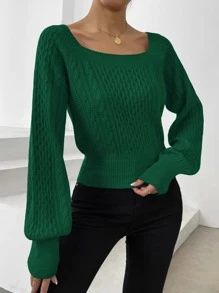 SHEIN Privé Cable Knit Scoop Neck Lantern Sleeve Jumper - Green - View 5