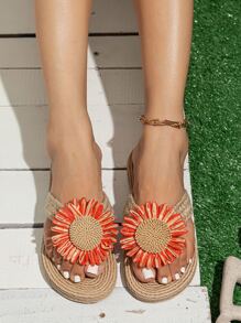 Women's Khaki Color Vacation Style Stitching Plain Slippers With Flower Decoration And Linen Insole - Khaki - View 4