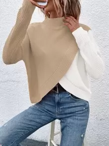 SHEIN LUNE Two Tone Overlap Hem Knit Pullover Fall Winter Sweater - Multicolor - View 1