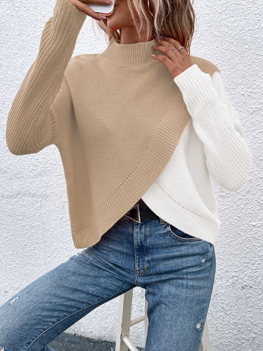 SHEIN LUNE Two Tone Overlap Hem Knit Pullover Fall Winter Sweater - Multicolor - View 1