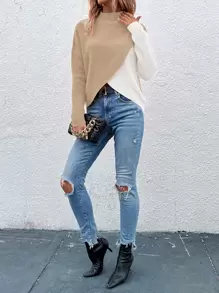 SHEIN LUNE Two Tone Overlap Hem Knit Pullover Fall Winter Sweater - Multicolor - View 3