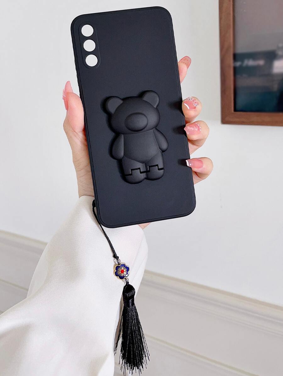 Bear Decor Phone Case With Lanyard - Black - View 1