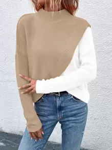 SHEIN LUNE Two Tone Overlap Hem Knit Pullover Fall Winter Sweater - Multicolor - View 4