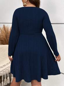 SHEIN Clasi Vestido tejido de canalé de cuello scoop sin cinturón - Azul Marino - Ver 2