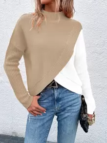 SHEIN LUNE Two Tone Overlap Hem Knit Pullover Fall Winter Sweater - Multicolor - View 5
