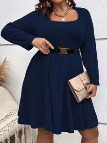 SHEIN Clasi Vestido tejido de canalé de cuello scoop sin cinturón - Azul Marino - Ver 5