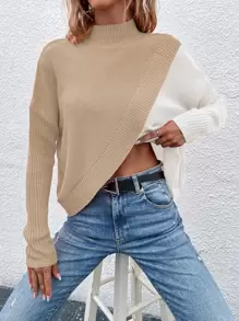 SHEIN LUNE Two Tone Overlap Hem Knit Pullover Fall Winter Sweater - Multicolor - View 6