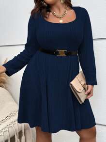 SHEIN Clasi Vestido tejido de canalé de cuello scoop sin cinturón - Azul Marino - Ver 7