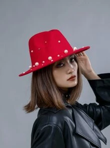 Faux Pearl Decor Hat - Red - View 3