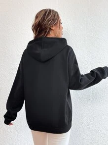 SHEIN Essnce 嘴唇印花袋鼠口袋加絨內裏抽繩連帽衫 - 黑色 - 查看 2