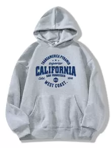 INAWLY Letter Graphic Kangaroo Pocket Drawstring Thermal Hoodie - Light Grey - View 1