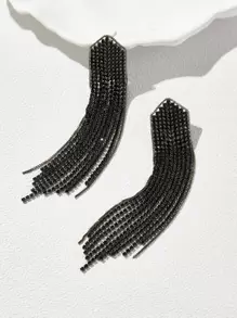 Andkiss Rhinestone Tassel Drop Earrings - Black - View 1