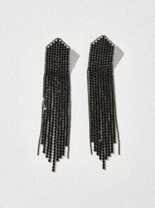 Andkiss Rhinestone Tassel Drop Earrings - Black - View 2