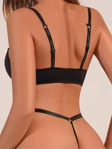 PU Leather Cut Out Thong - Black - View 2