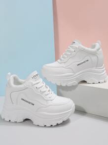 Letter Graphic Lace-up Front Wedge Sneakers - White - View 1
