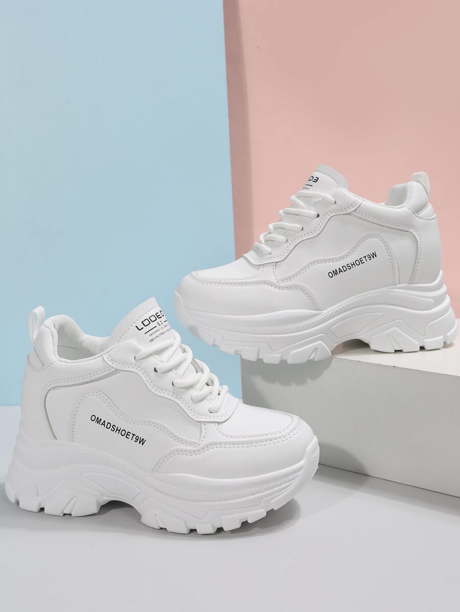 Letter Graphic Lace-up Front Wedge Sneakers - White - View 1