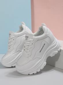 Letter Graphic Lace-up Front Wedge Sneakers - White - View 2