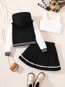 SHEIN Tween Girl Letter Pattern Striped Trim Jacket & Pleated Skirt & Camisole - Black and White - View 2