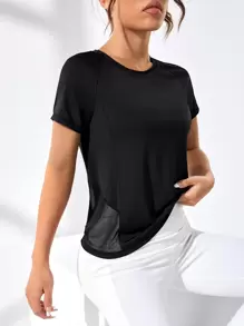 Easithlete قميص رياضي للنساء بأكمام راجلان من الشبكة المتباينة - الأسود - مشاهدة 1