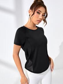 Easithlete قميص رياضي للنساء بأكمام راجلان من الشبكة المتباينة - الأسود - مشاهدة 3