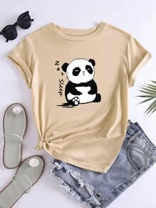 Camiseta panda con con estampado de letra - Caqui - Ver 1