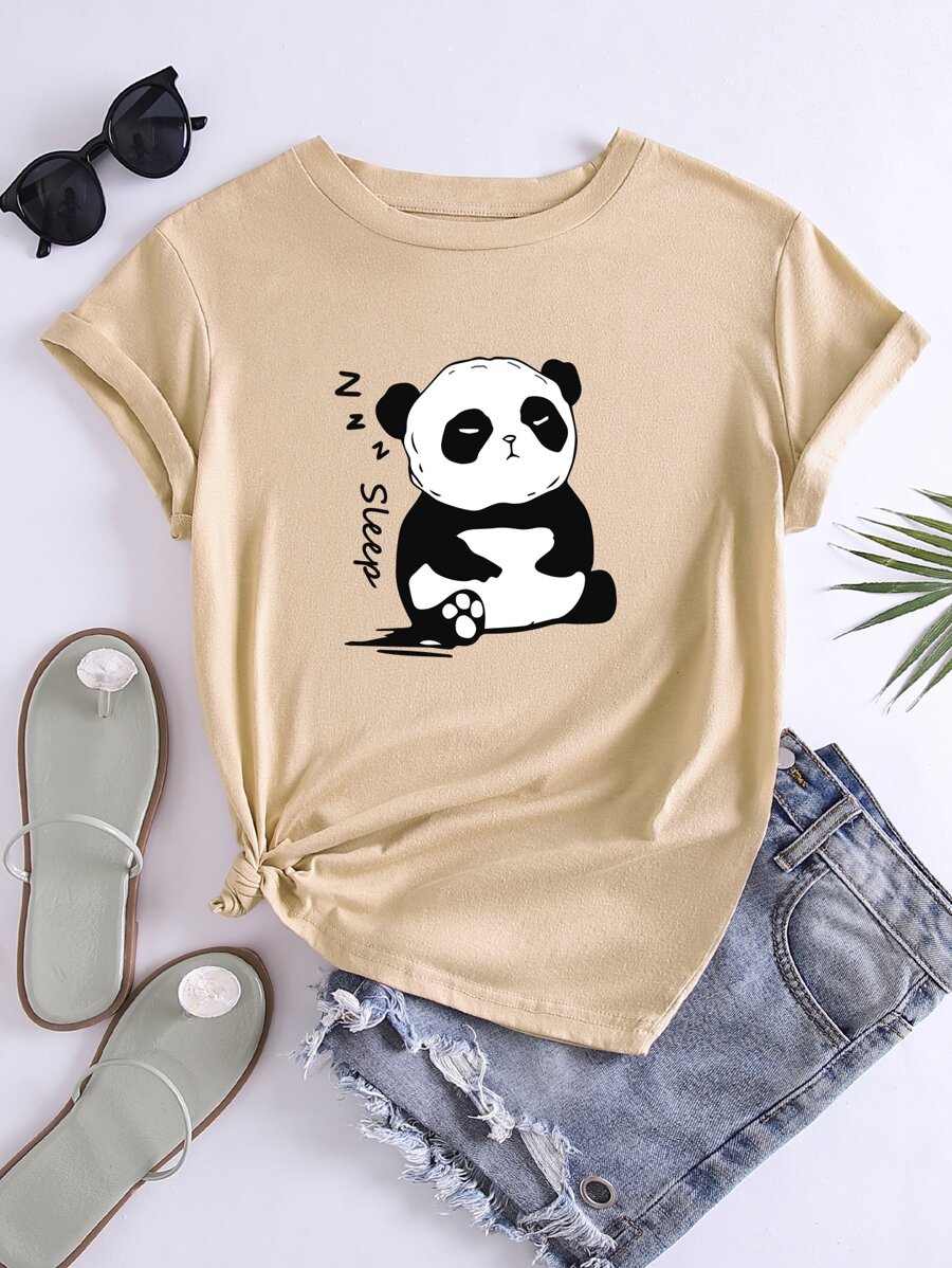 Camiseta panda con con estampado de letra - Caqui - Ver 1
