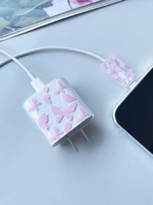 2pcs Butterfly Printed Protective Case Set Compatible With Apple Original Charger, Including Anti-Breakage 20W Quick Charger And 18W Data Line, Fashionable For Women Cable Protector, Charger Protector