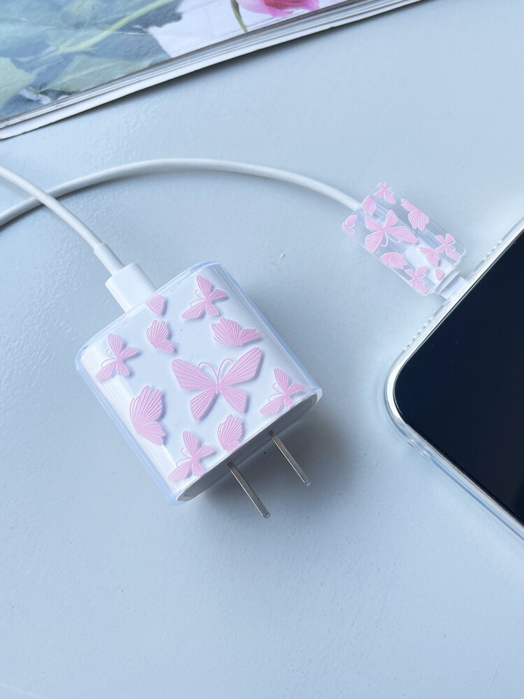 2pcs Butterfly Printed Protective Case Set Compatible With Apple Original Charger, Including Anti-Breakage 20W Quick Charger And 18W Data Line, Fashionable For Women Cable Protector, Charger Protector - Pink - View 3