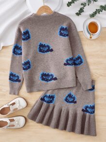 Niñas con patrón de dibujo Jersey & bajo con fruncido Falda de punto - Marrón Mocha - Ver 2