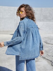 SHEINBlues High Low Denim Shirt - Medium Wash - View 1