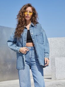 SHEINBlues High Low Denim Shirt - Medium Wash - View 7