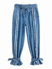 SHEINBlues High Waist Raw Trim Ruffle Hem Belted Jeans - Medium Wash - View 7