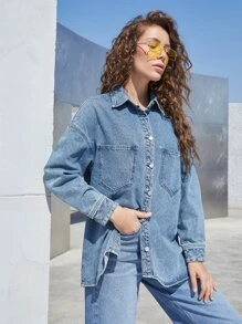 SHEINBlues High Low Denim Shirt - Medium Wash - View 2