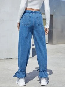 SHEINBlues High Waist Raw Trim Ruffle Hem Belted Jeans - Medium Wash - View 2