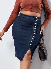 Plus High Waist Button Front Denim Skirt - Dark Wash - View 5