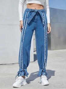 SHEINBlues High Waist Raw Trim Ruffle Hem Belted Jeans - Medium Wash - View 5