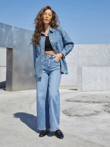 SHEINBlues High Low Denim Shirt - Medium Wash - View 6